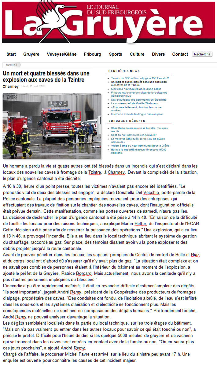 article de la Gruyère sur l'incendie des caves de la Tzintre
